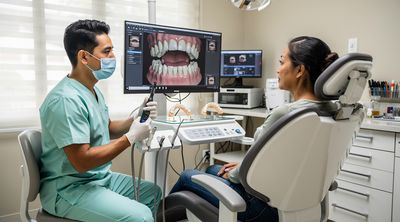 A dental technician explains a cantilever bridge using imaging to an Asian American patient.