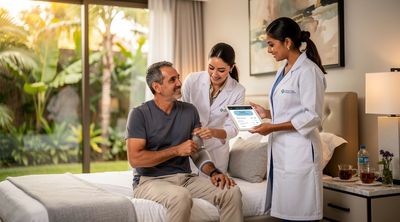 Clinic staff in Mexico assist a recovering patient with all-inclusive post-operative care services.