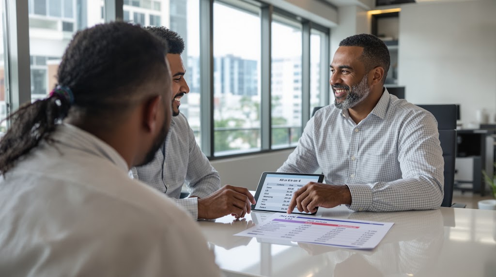A Mexican specialist discussing affordable All-on-4 pricing with a diverse American patient in a modern Tijuana consultation room.