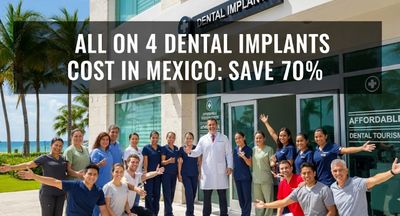 A diverse group of happy patients smiling outside a modern dental clinic in sunny Mexico