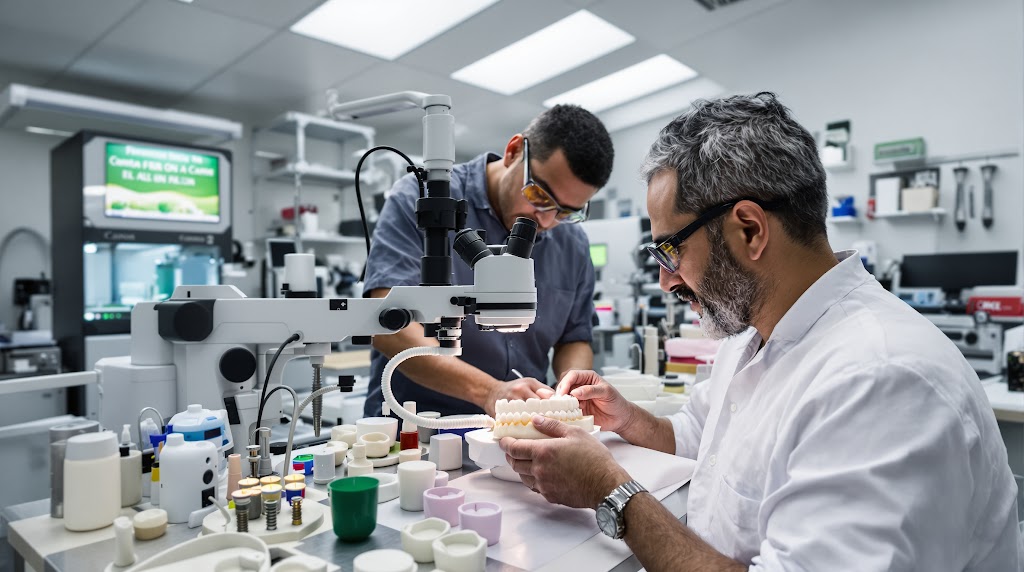 Diverse dental lab technicians in Tijuana using advanced CAD/CAM technology to create a custom All-on-4 zirconia bridge.