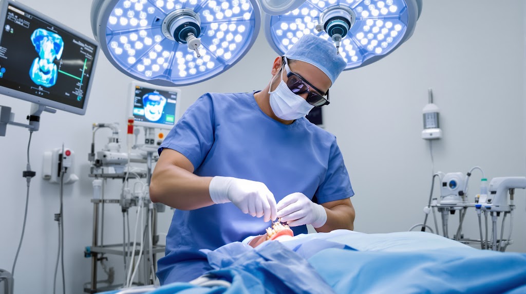 A Mexican surgeon carefully placing All-on-4 implants during surgery on a diverse patient in a high-tech Tijuana surgical suite.