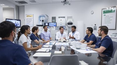 A diverse Mexican dental team collaborating in a high-tech clinic environment.