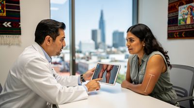 A Mexican plastic surgeon consults with an American patient on arm lift options using 3D simulations in a Tijuana clinic.