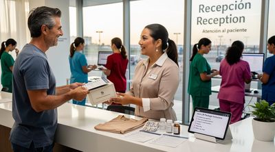 A Mexican case manager provides an arm lift package kit to an American patient in a Tijuana medical facility.