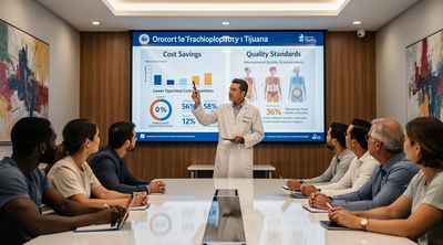 A Mexican surgeon discusses cost savings of arm lift surgery with diverse patients in a Tijuana clinic conference room.
