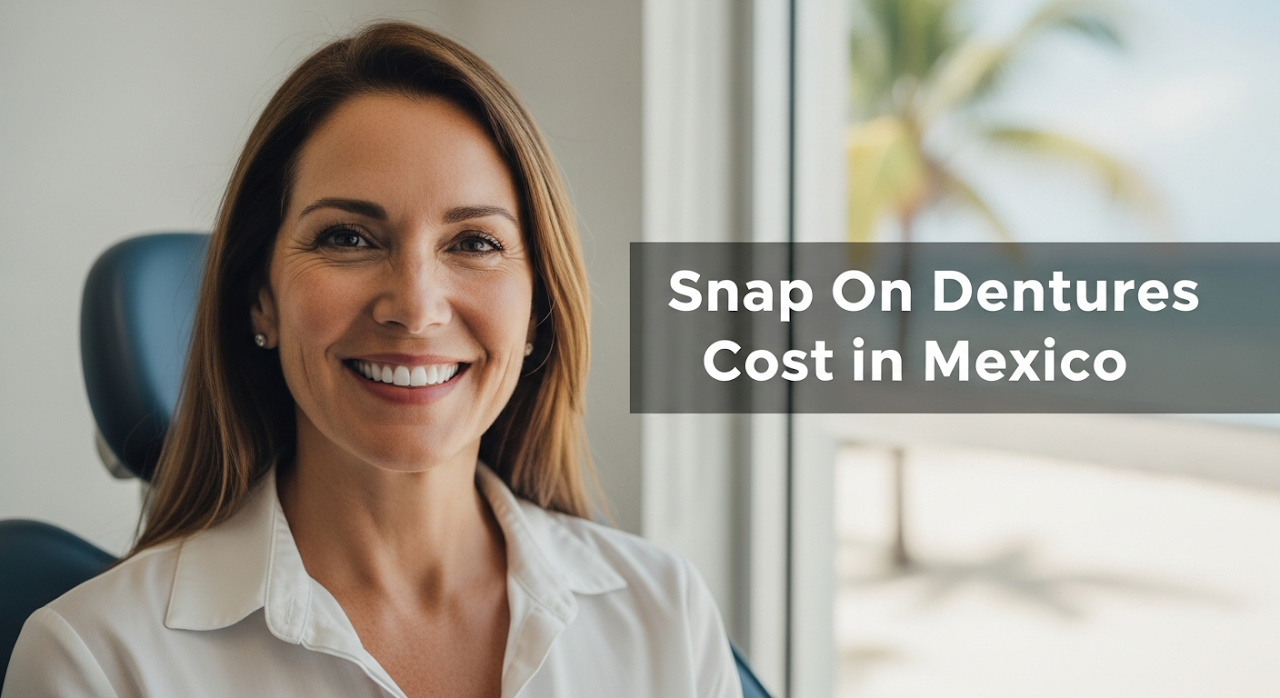 A confident middle-aged woman smiling with perfect teeth in a modern Mexican dental clinic, highlighting the benefits of snap-on dentures.