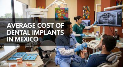 A professional Mexican dental clinic scene with a dentist discussing dental implants with a patient, assisted by staff, in a clean modern environment.