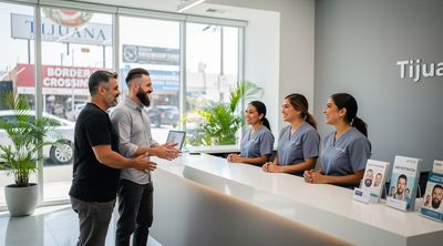 A welcoming scene at a Tijuana beard transplant clinic with international patients and Mexican staff.