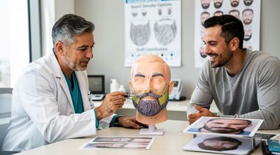 A surgeon explaining beard graft details to a patient using a 3D facial model.