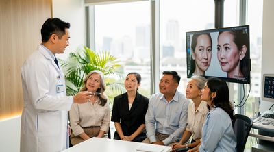 A Thai surgeon consulting diverse patients on cosmetic procedures in a Bangkok hospital.