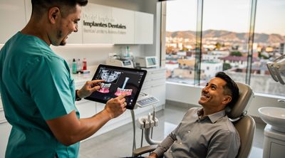 A Mexican dentist showing dental implant plans to an American patient in Tijuana.