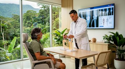 Costa Rican orthopedic surgeon consulting on knee replacement with rainforest view.