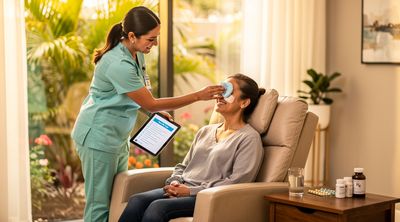 A Mexican nurse assists an American patient during post-blepharoplasty recovery in a comfortable room.