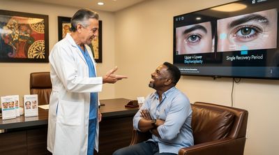 Surgeon and patient discuss combined eyelid surgery options in a luxurious clinic consultation.