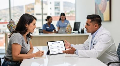 A Mexican plastic surgeon consulting with a diverse American patient on Botox pricing in a modern Tijuana clinic.