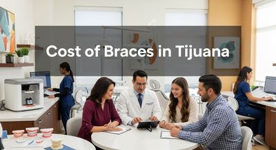 Modern Tijuana orthodontic clinic where a Mexican orthodontist consults with a diverse family on affordable braces options in a professional setting.