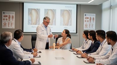 An experienced Mexican plastic surgeon demonstrating arm lift techniques to an international audience in a seminar.