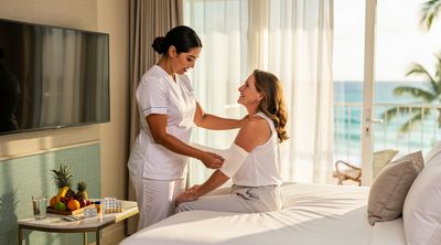 A nurse providing post-operative care to a recovering arm lift patient in a comfortable Cancun hotel room.