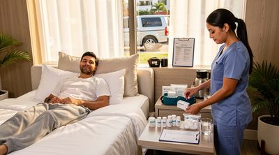 An American patient recovers in a Tijuana hotel room with assistance from a Mexican coordinator for an all-inclusive package.