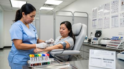 A diverse American patient receives pre-operative blood work from a Mexican nurse in a Tijuana clinic lab.