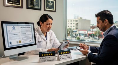 A Mexican surgeon verifies certifications while consulting with a diverse American patient on clinic selection.