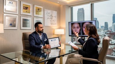 A certified Mexican surgeon shows credentials to an international patient in a competitive, accredited clinic environment.