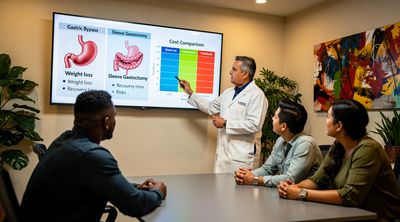 A Mexican bariatric surgeon consulting diverse patients on weight loss procedure options.