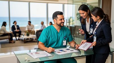A certified Mexican bariatric surgeon and coordinator supporting diverse patients in a clinic lobby.