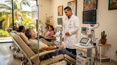 A diverse group of patients receiving chemotherapy in a modern Mexican clinic under professional care.