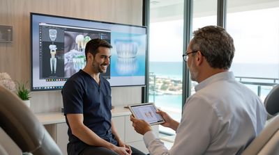 Mexican dental specialist consulting with American patient about full mouth implant reconstruction