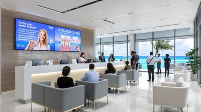 Modern Cancun dental clinic reception with diverse international patients and professional staff