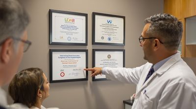 Mexican dentist showing credentials and certifications to reassure American patient about quality