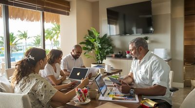Diverse American patients planning dental vacation with Mexican coordinators in Cancun.