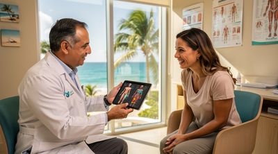 A Mexican plastic surgeon consults with an American patient on a mommy makeover in a modern Cancun clinic.