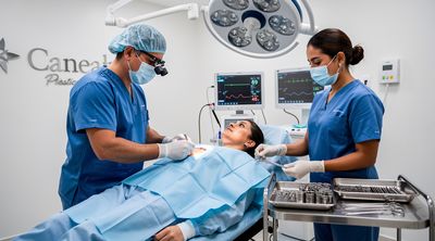 A surgeon performs breast augmentation in a state-of-the-art Cancun operating room.