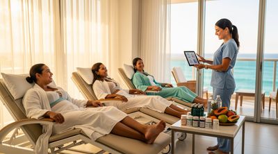Patients recover comfortably in a luxurious Cancun suite after body contouring surgery.