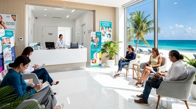 A welcoming reception at an affordable Cancun plastic surgery clinic with beach views.