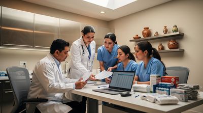 Mexican healthcare team discussing operations in a modern clinic.