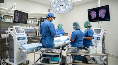 The modern surgical suite at PLASTIKS Plastic Surgery Center in Tijuana with the lead surgeon preparing.