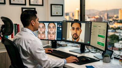 A virtual consultation between a Tijuana surgeon and an American patient for chin liposuction planning.