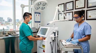 A diverse medical team in a Tijuana clinic preparing advanced CO2 laser equipment for affordable treatments.