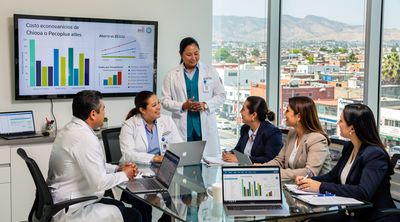 Diverse clinic staff discussing cost savings for plastic surgery in Tijuana.