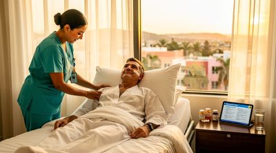 Nurse providing recovery care to patient in Tijuana hotel after mini facelift.