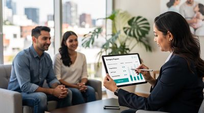 Diverse intended parents consulting on surrogacy programs with agency coordinator.