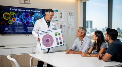 A Mexican specialist discussing umbilical cord stem cells with diverse patients in a Tijuana clinic.