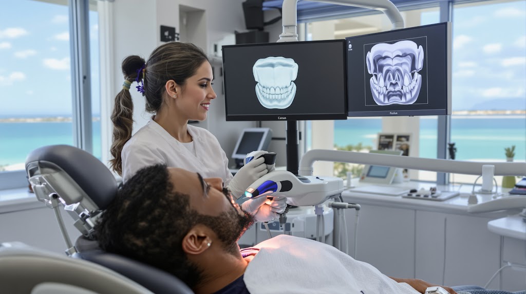 Mexican dentist using 3D digital scanner on American patient in high-tech Cancun dental clinic
