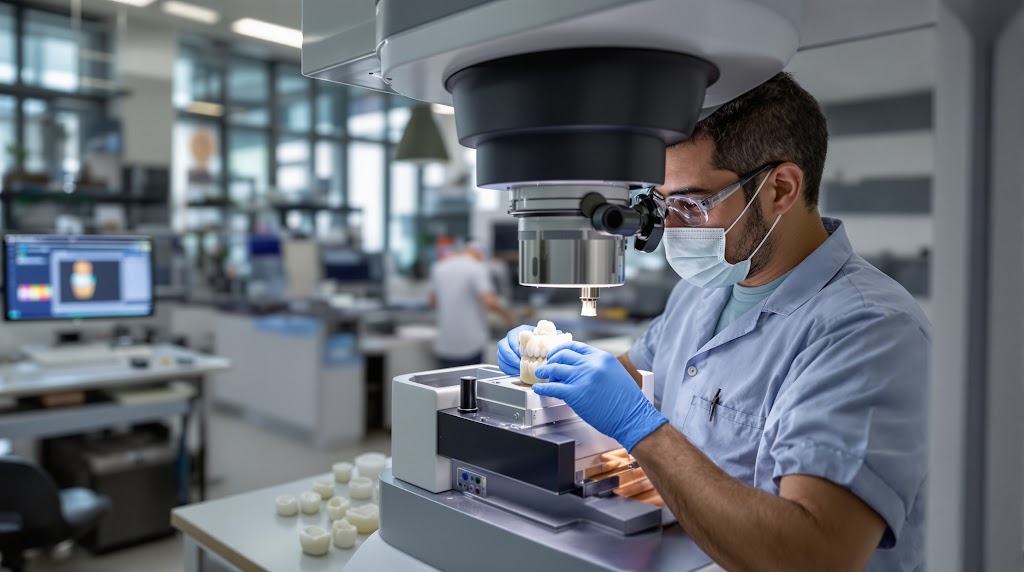 Mexican dental technician crafting E-max crown using CAD/CAM milling machine in modern laboratory