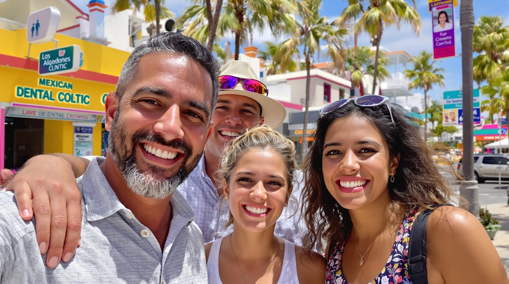 Happy American family showing new dental crowns on Los Algodones street with dental clinic backdrop
