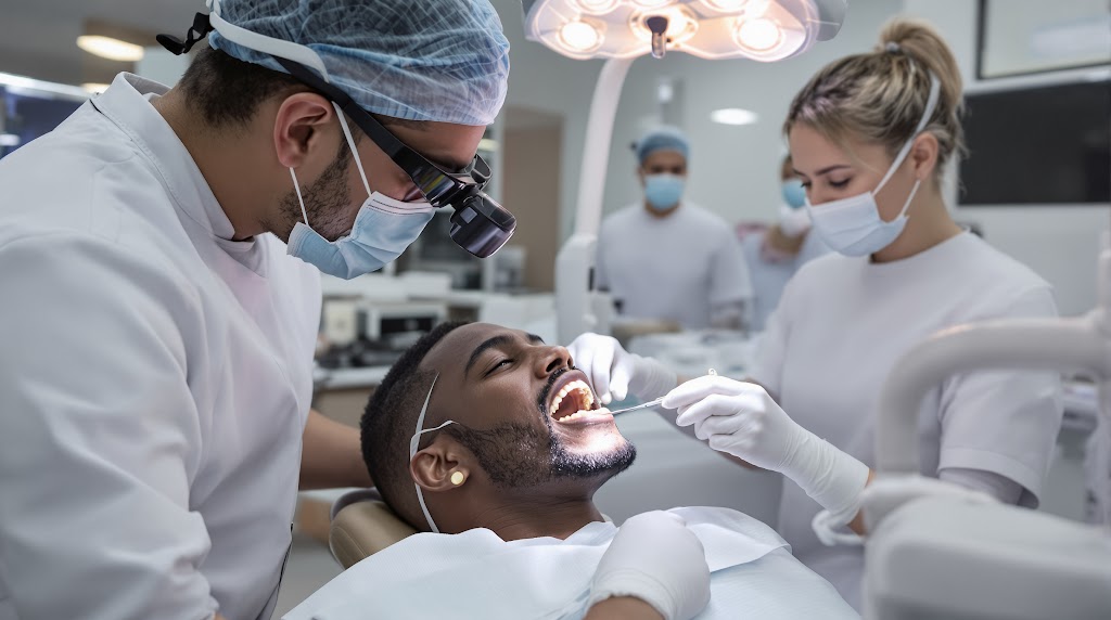 Mexican dentist placing gold crown on American patient in modern dental treatment room